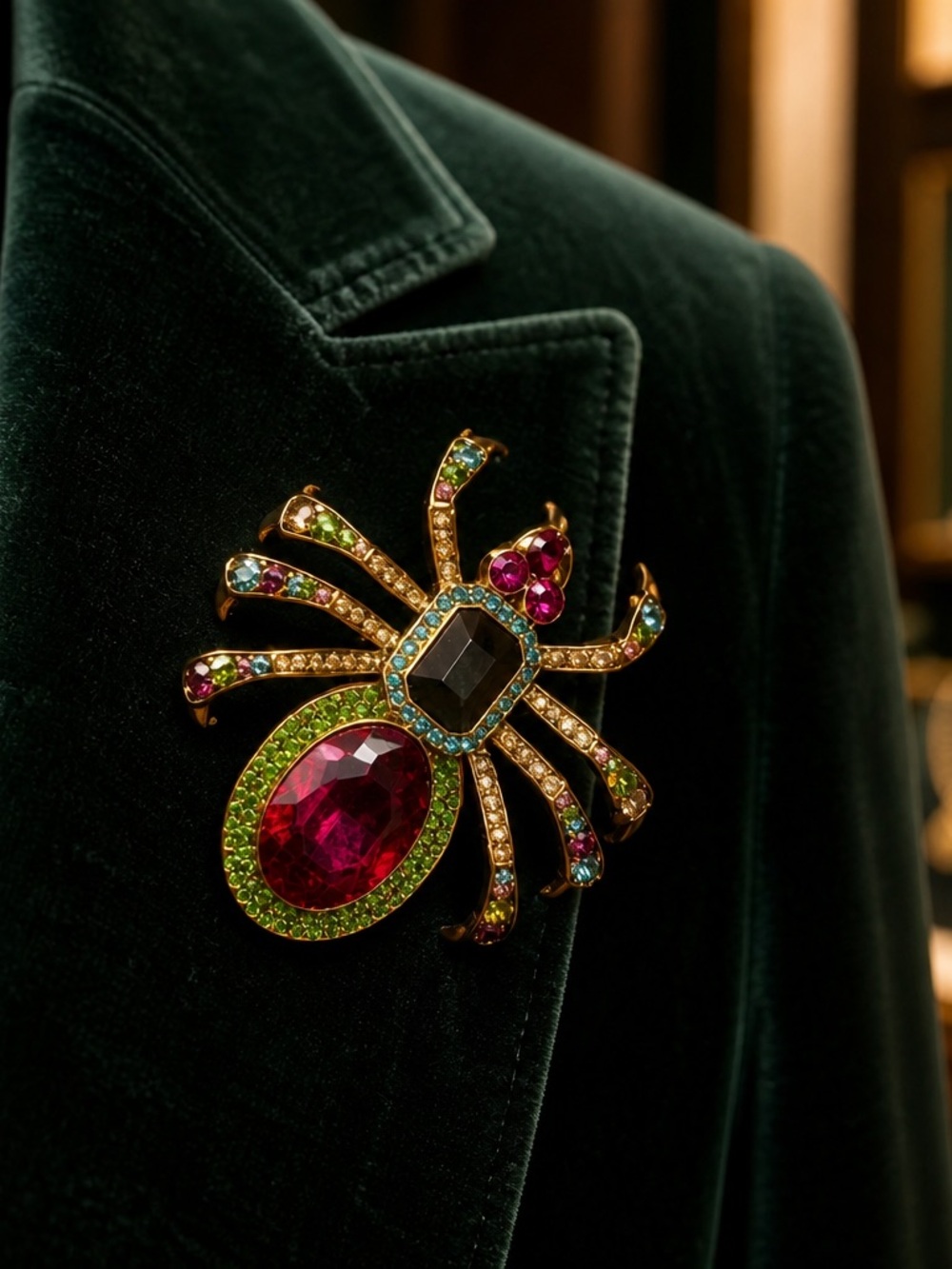 Fashion Jewelry Gold-Tone Spider Brooch with Fuchsia and Green Gems